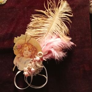 Vintage Brooch Ostrich feather, silk flowers buttons pearls ribbon adornments